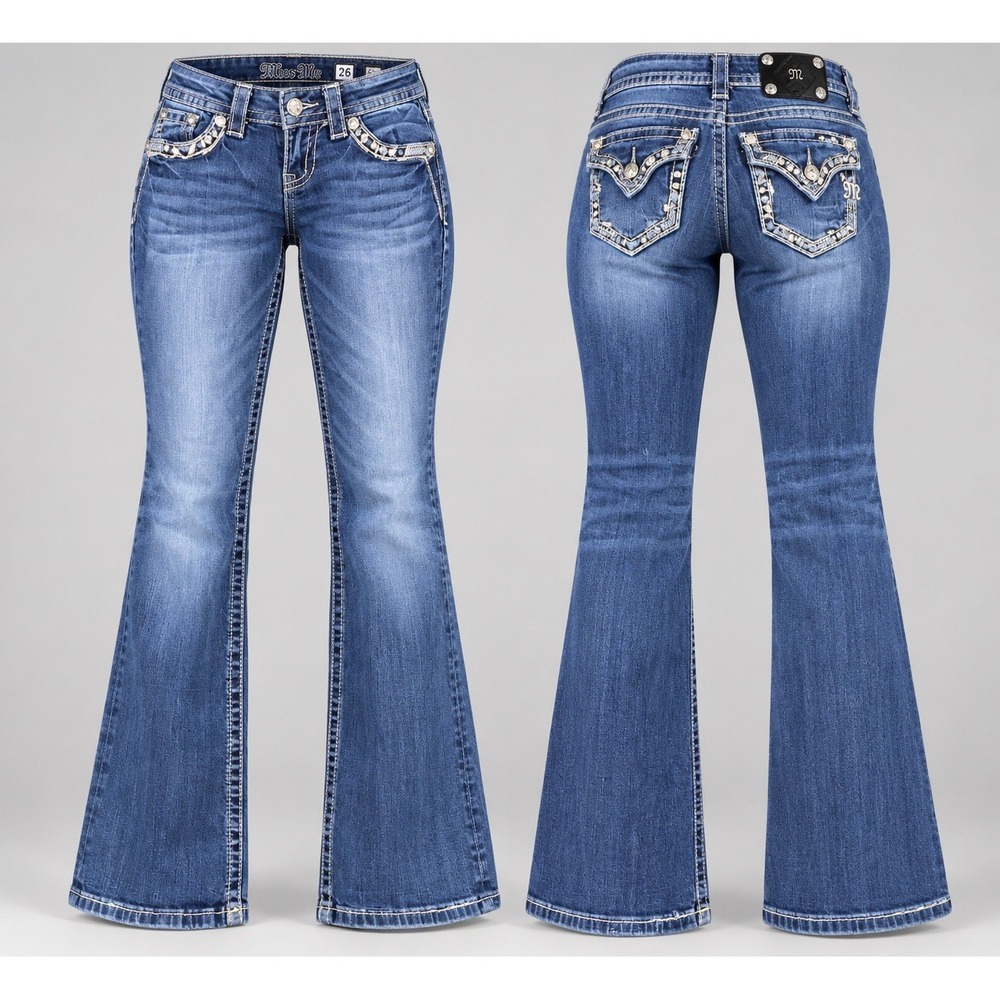 Miss Me Boot Jeans Women's 26x32 Embellished Rhinestone studded thick stitch Y2K